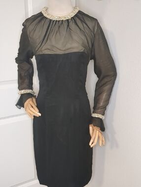 Vintage 60s Lilli Diamond Black Sheer Long Sleeve Wiggle Dress Glass Beaded SZ S